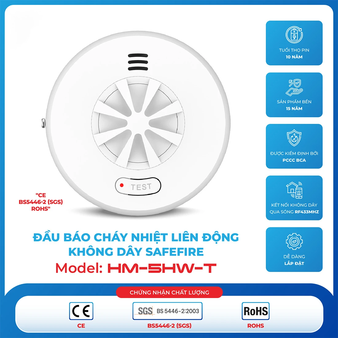 Đầu báo nhiệt liên động không dây SafeFire HM5-HW-T